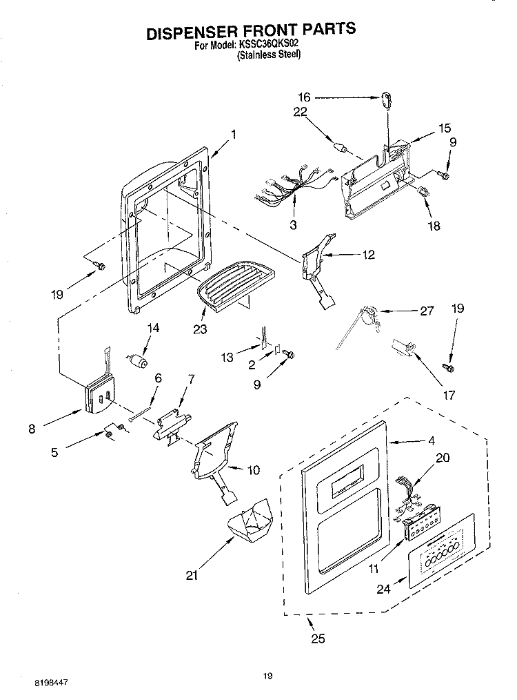DISPENSER AND FRONT PARTS Diagram and Parts List for KSSC36QKS02  KitchenAid Refrigerator