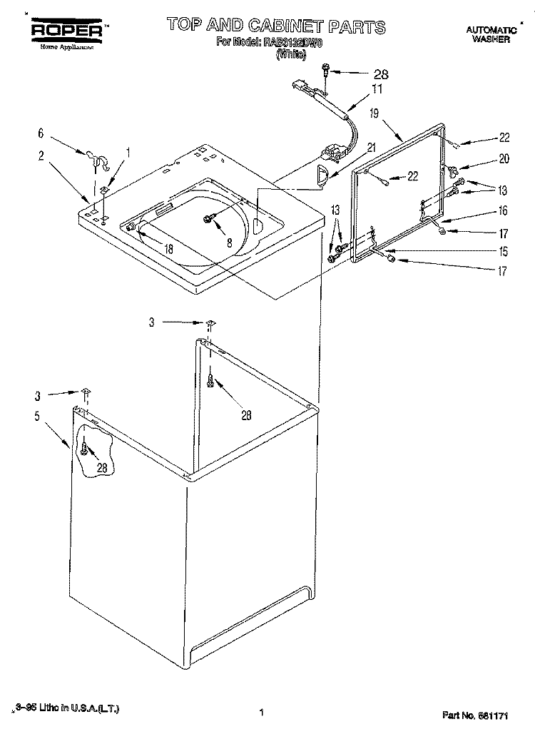 TOP AND CABINET, LIT/OPTIONAL Diagram and Parts List for RAB3132DW0  Roper Washer