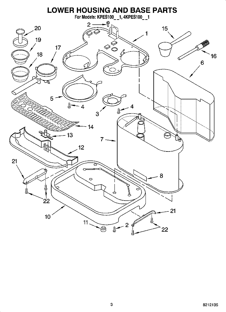 LOWER HOUSING AND BASE PARTS Diagram and Parts List for 4KPES100PM1  KitchenAid Coffee Maker