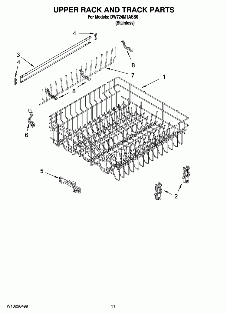 UPPER RACK AND TRACK PARTS Diagram and Parts List for DW724M1ASS0  Whirlpool Dishwasher