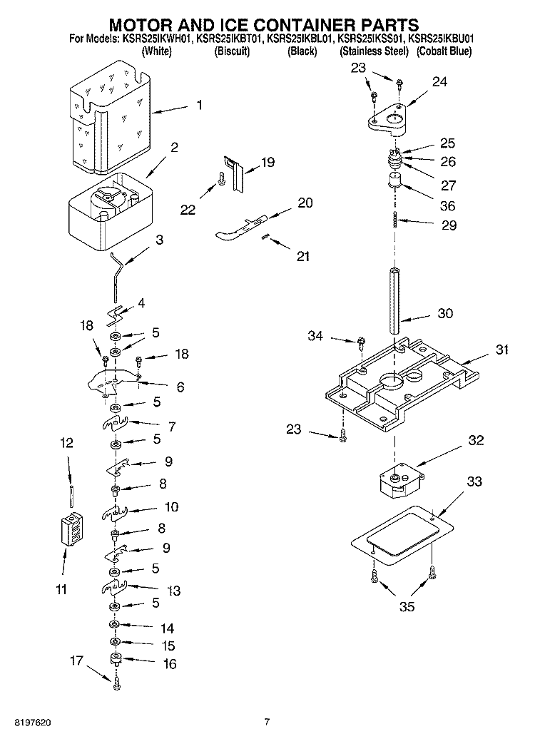 MOTOR AND ICE CONTAINER Diagram and Parts List for KSRS25IKBL01  KitchenAid Refrigerator