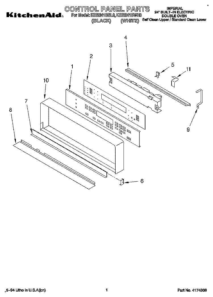 CONTROL PANEL, LITERATURE Diagram and Parts List for KEBI241BWH0  KitchenAid Wall Oven