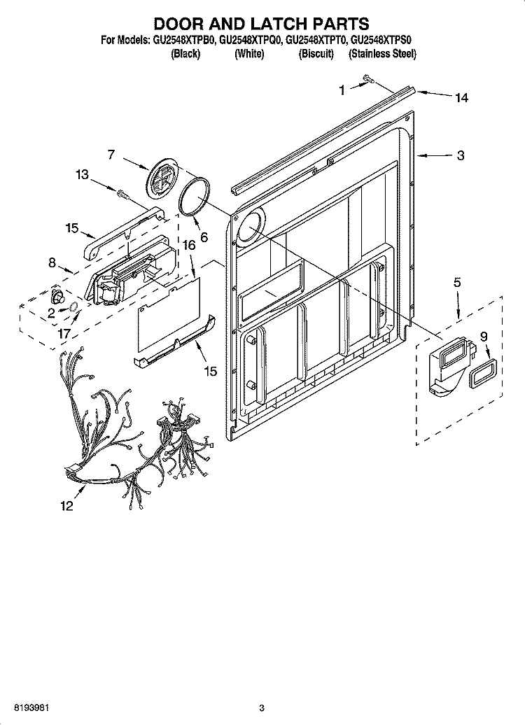 DOOR AND LATCH PARTS Diagram and Parts List for GU2548XTPS0  Whirlpool Dishwasher
