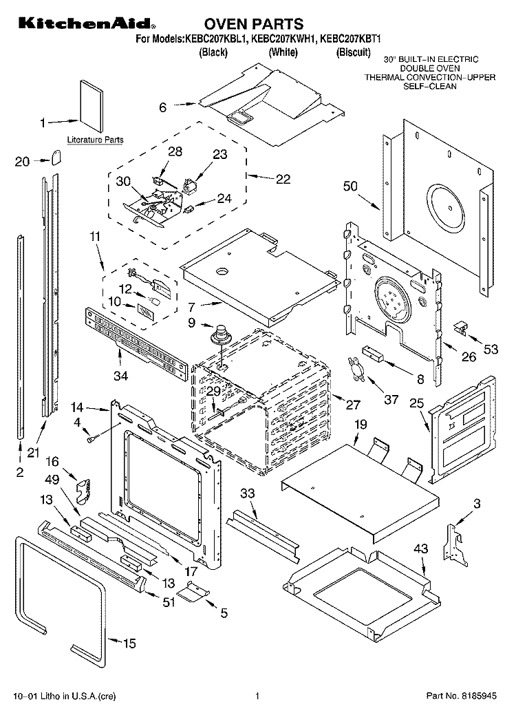 OVEN, LITERATURE Diagram and Parts List for KEBC207KWH1  KitchenAid Wall Oven