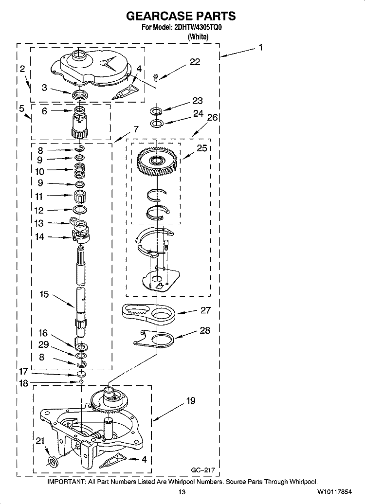 GEARCASE PARTS, OPTIONAL PARTS (NOT INCLUDED) Diagram and Parts List for 2DHTW4305TQ0  Whirlpool Washer