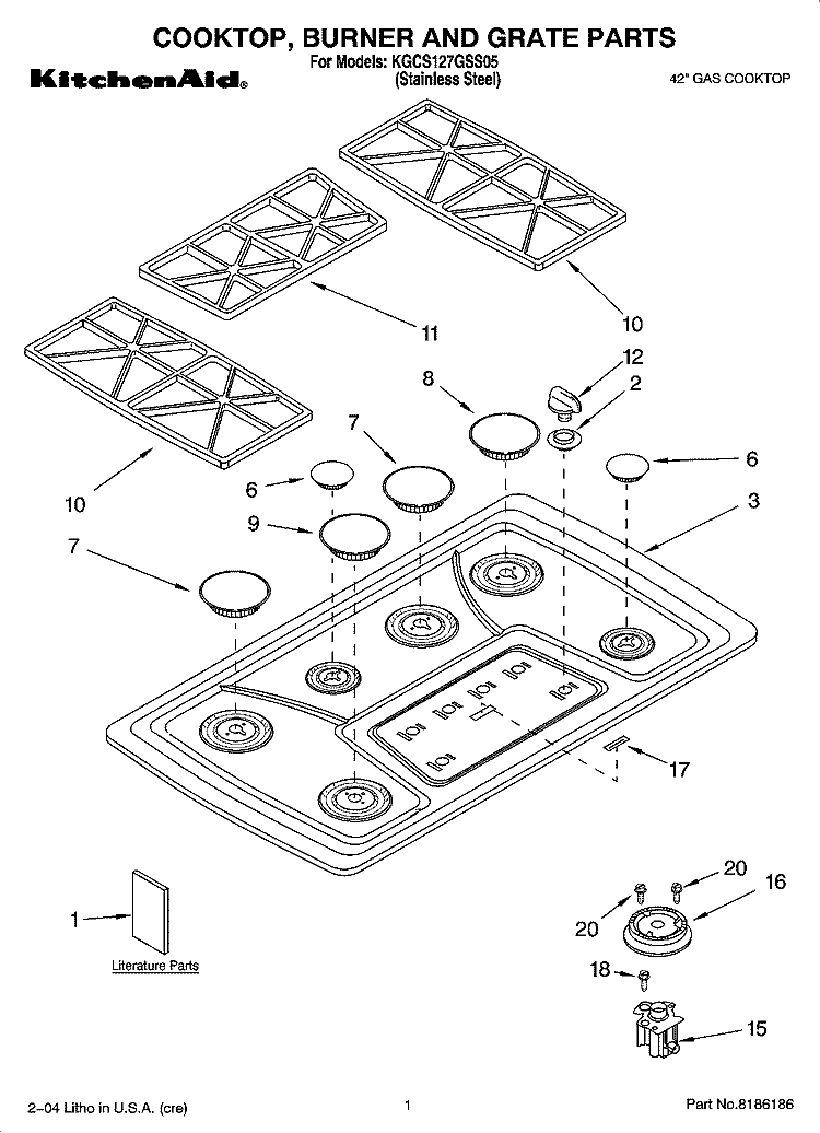 COOKTOP, BURNER AND GRATE PARTS Diagram and Parts List for KGCS127GSS05  KitchenAid Cooktop