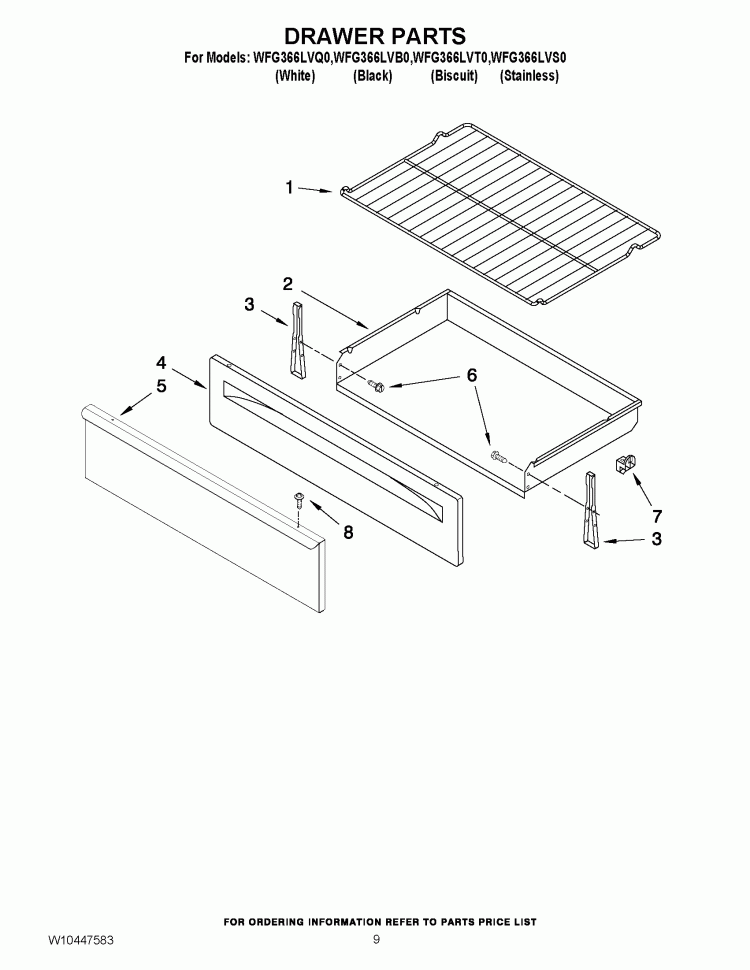 DRAWER PARTS Diagram and Parts List for WFG366LVQ0  Whirlpool Range
