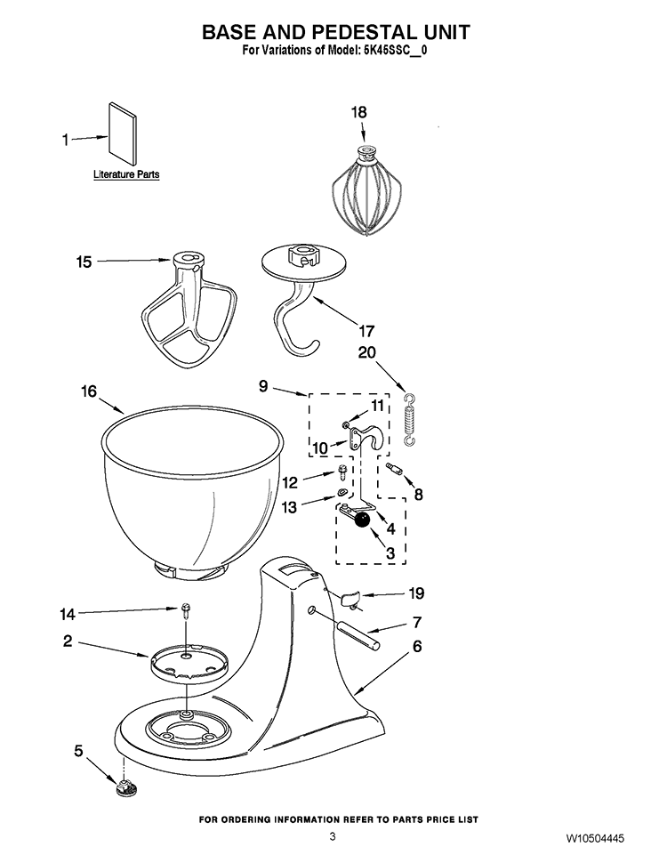 BASE AND PEDESTAL UNIT Diagram and Parts List for 5K45SSCWH0  KitchenAid Mixer