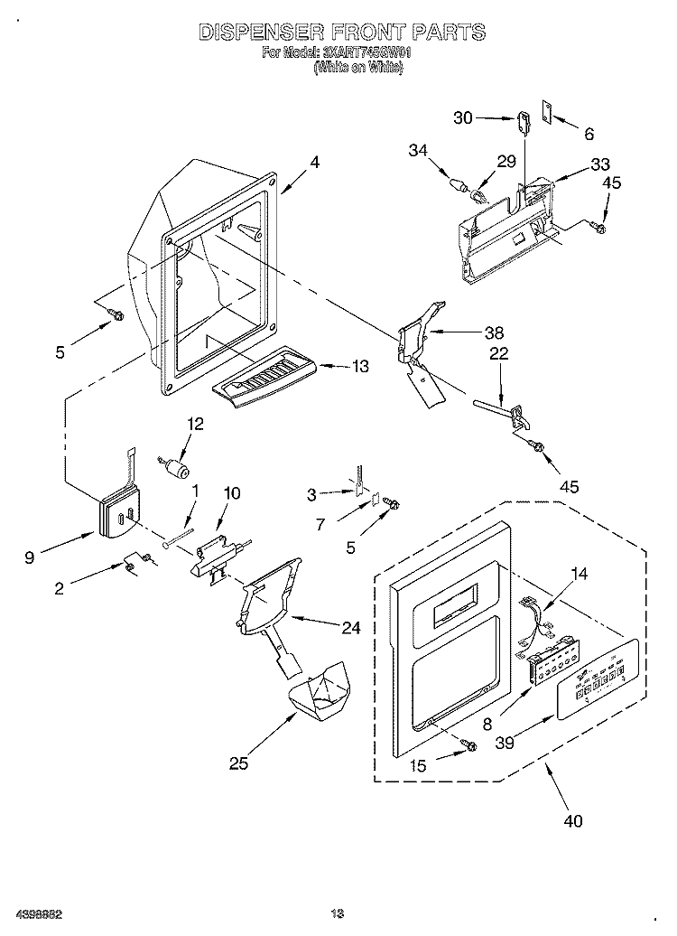 DISPENSER FRONT Diagram and Parts List for 3XART745GW01  Whirlpool Refrigerator