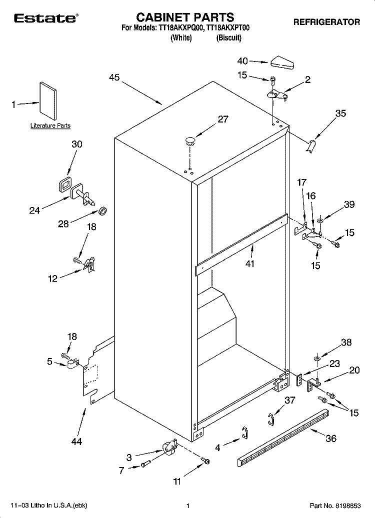 CABINET PARTS Diagram and Parts List for TT18AKXPT00  Estate Refrigerator