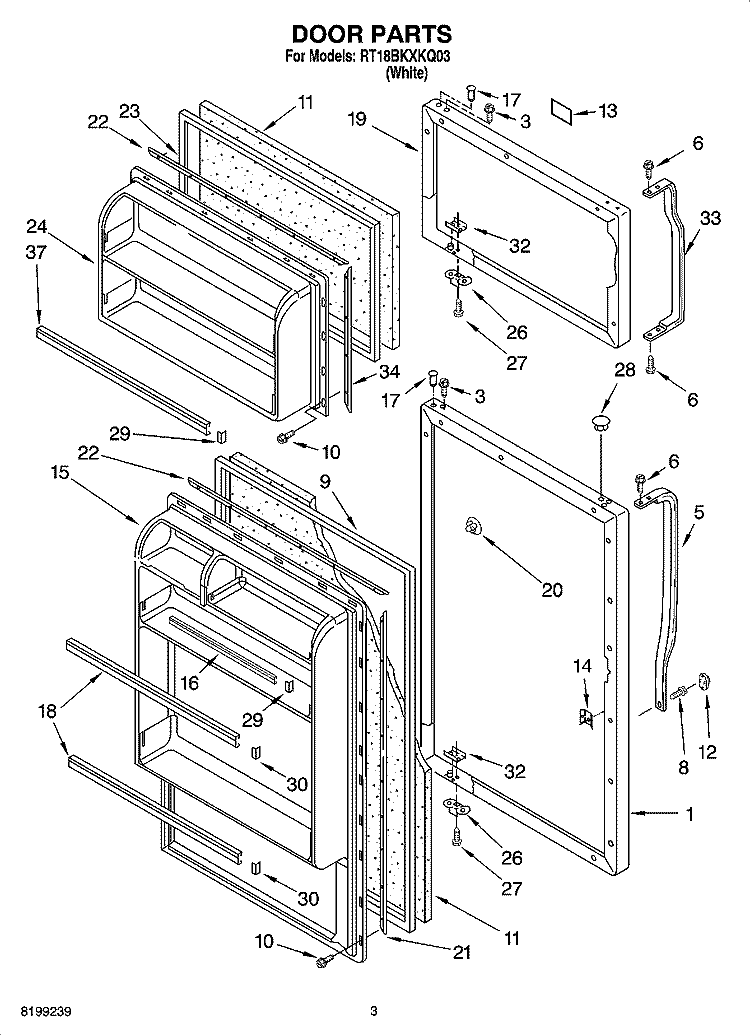 DOOR PARTS Diagram and Parts List for RT18BKXKQ03  Roper Refrigerator
