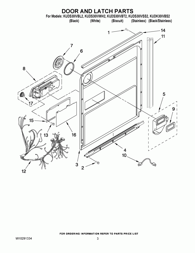 DOOR AND LATCH PARTS Diagram and Parts List for KUDK30IVBS2  Whirlpool Dishwasher