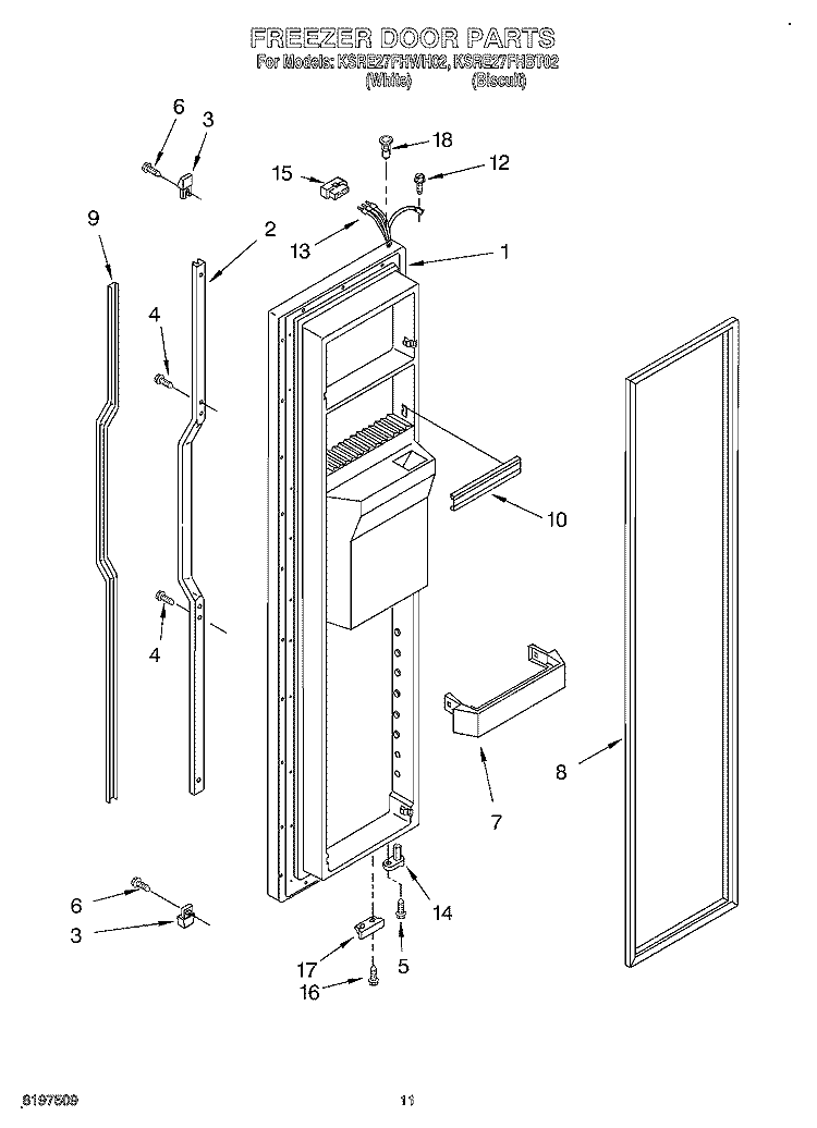 FREEZER DOOR Diagram and Parts List for KSRE27FHBT02  KitchenAid Refrigerator