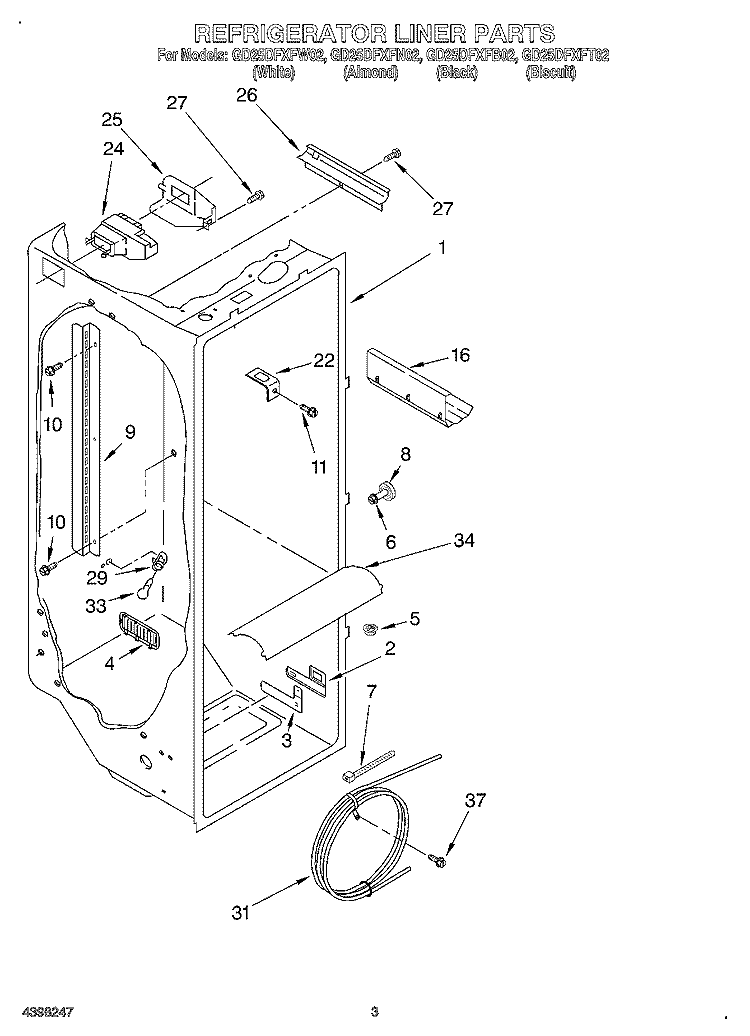 REFRIGERATOR LINER Diagram and Parts List for GD25DFXFB02  Whirlpool Refrigerator