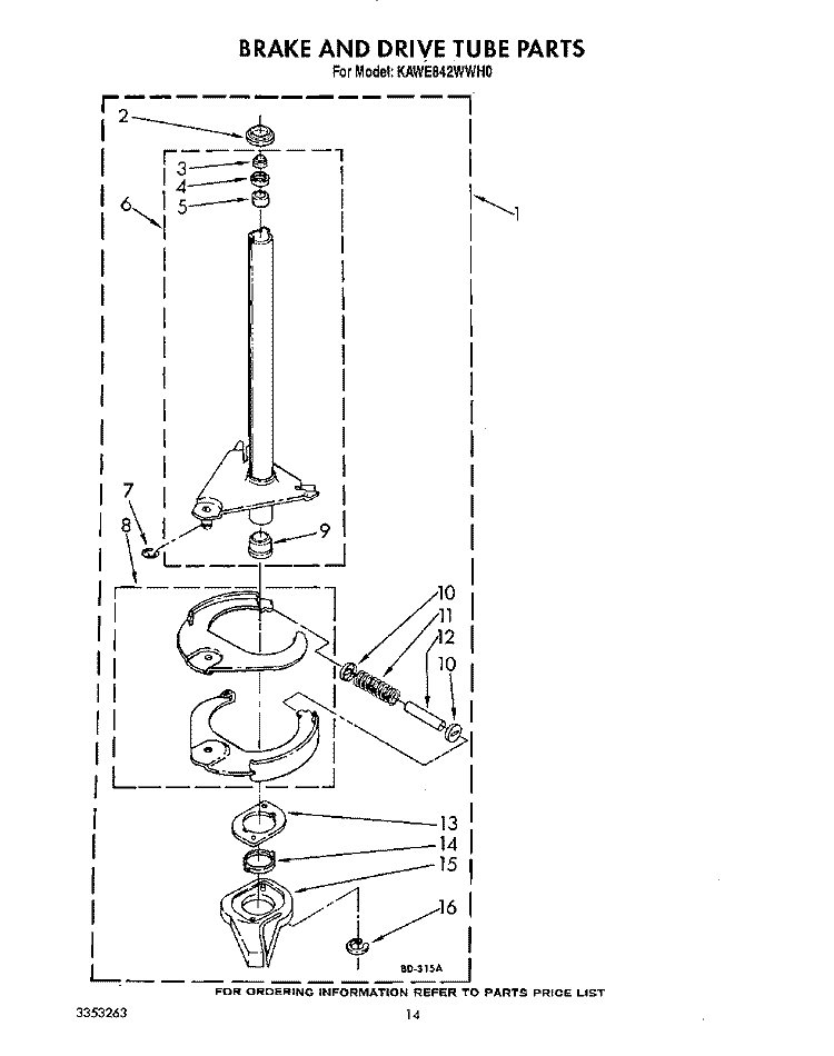 BRAKE AND DRIVE TUBE Diagram and Parts List for KAWE842WAL0  Whirlpool Washer