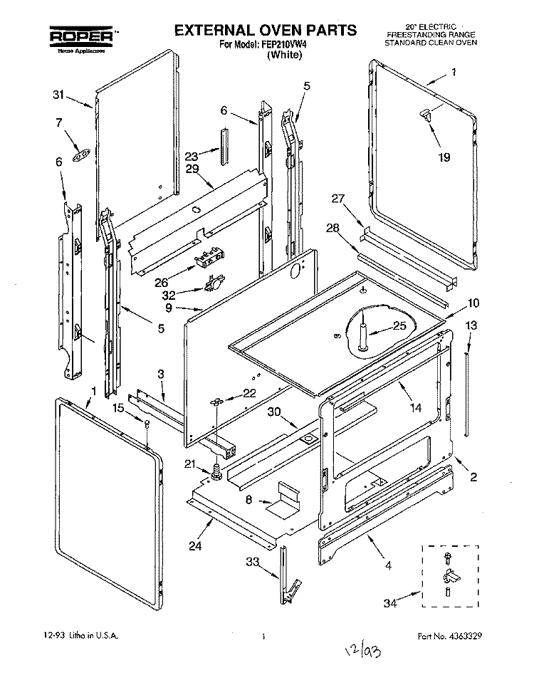 EXTERNAL OVEN, LIT/OPTIONAL Diagram and Parts List for FEP210VW4  Roper Range