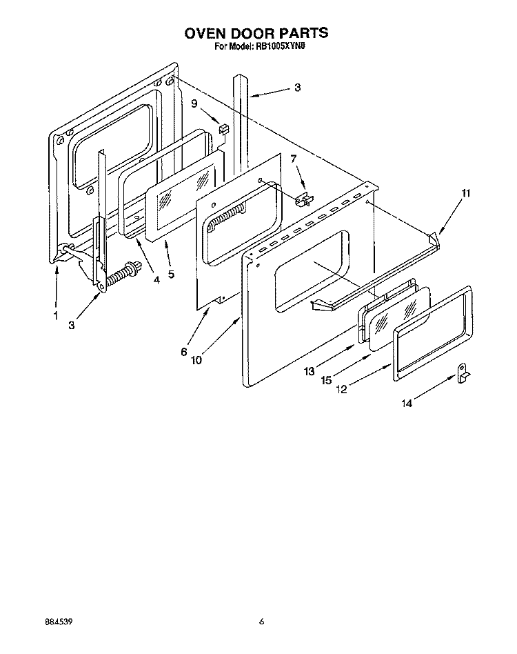 OVEN DOOR Diagram and Parts List for RB1005XYW0  Whirlpool Wall Oven