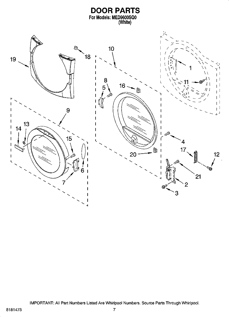 DOOR PARTS, OPTIONAL PARTS (NOT INCLUDED) Diagram and Parts List for MED9600SQ0  Maytag Dryer