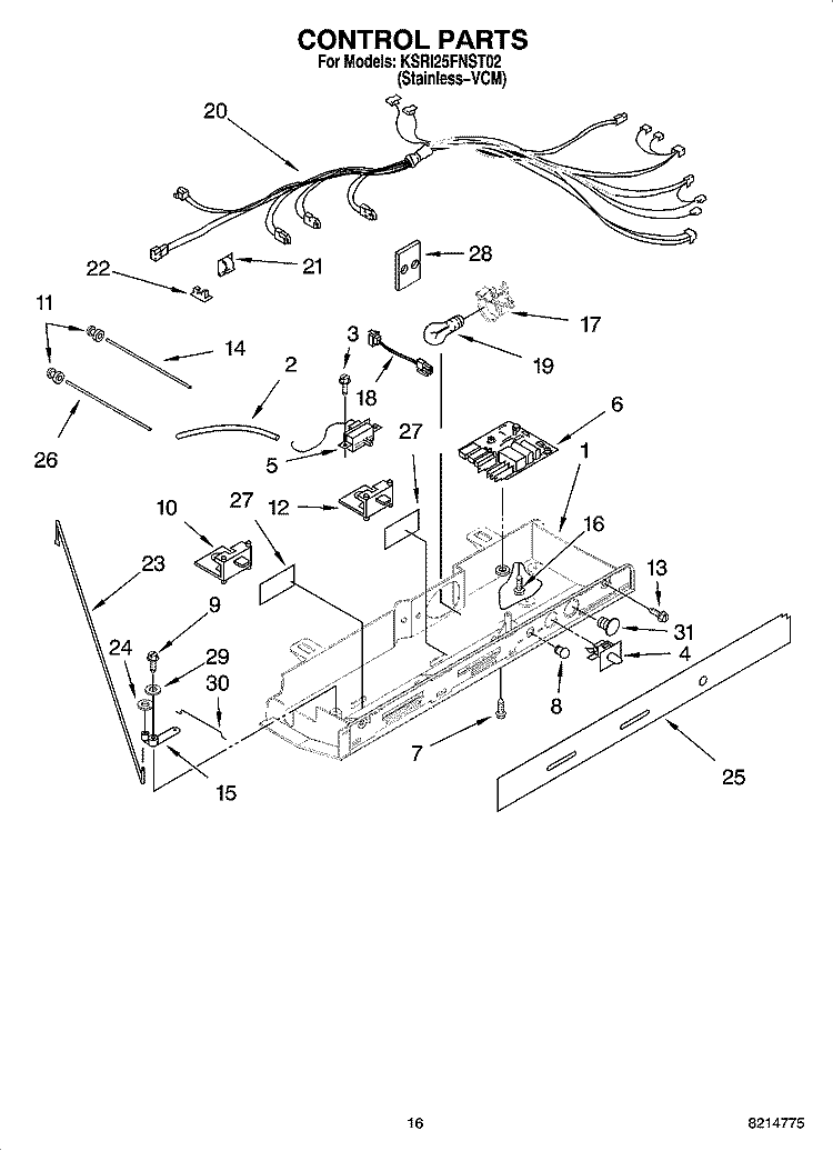 CONTROL PARTS Diagram and Parts List for KSRI25FNST02  KitchenAid Refrigerator