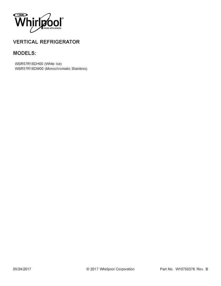 Cover Sheet Diagram and Parts List for WSR57R18DH00  Whirlpool Refrigerator