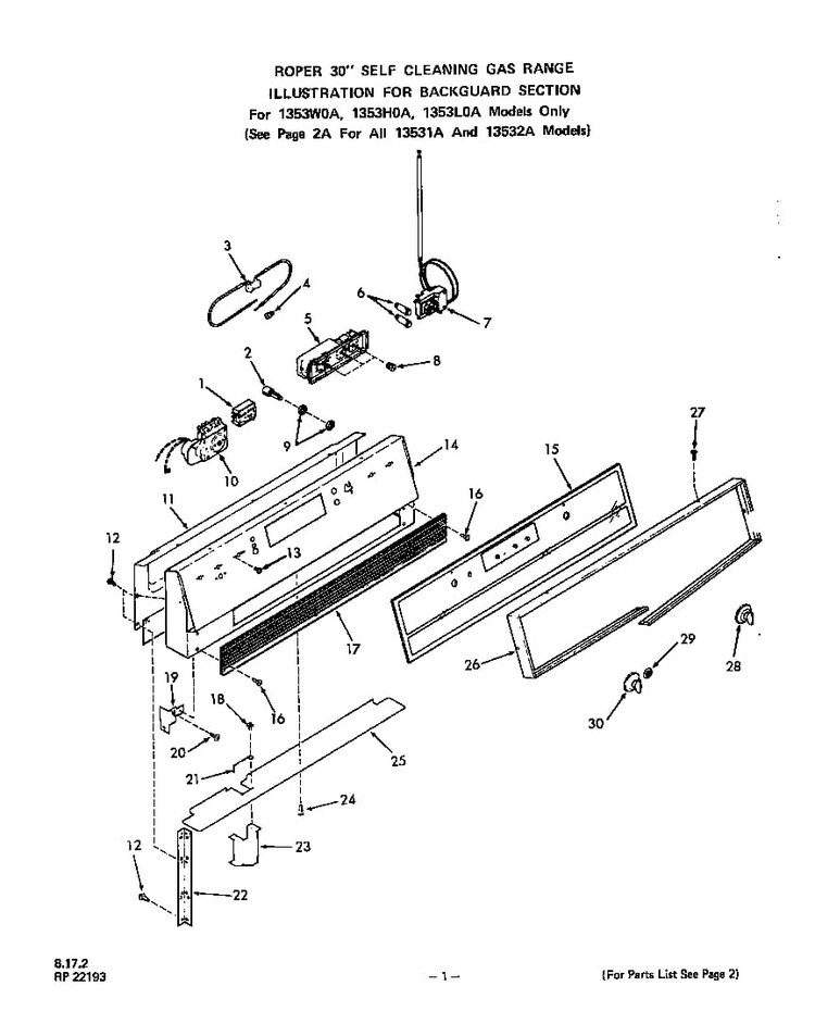 Backguard Diagram and Parts List for 1353*2A  Roper Range