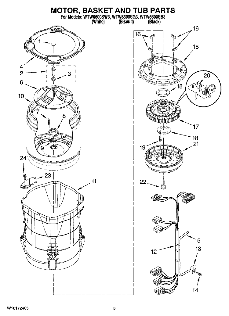 MOTOR, BASKET AND TUB PARTS Diagram and Parts List for WTW6600SW3  Whirlpool Washer