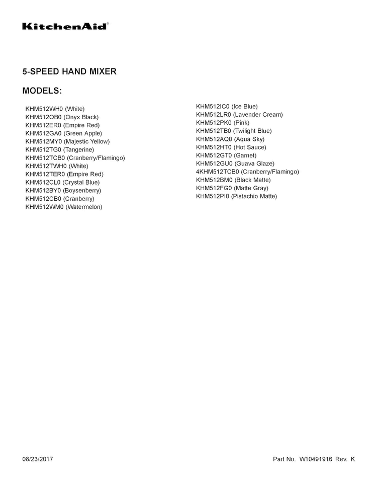 Cover Sheet Diagram and Parts List for KHM512GT0  KitchenAid Mixer