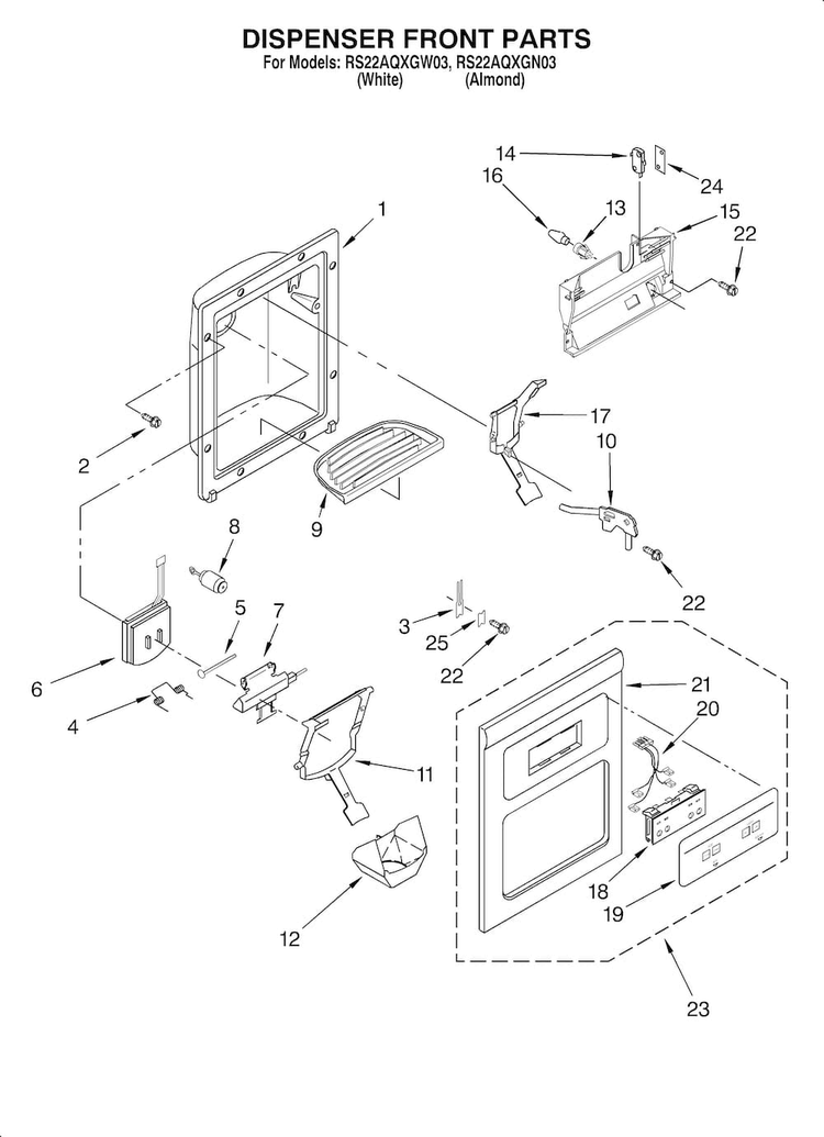 Dispenser Front Diagram and Parts List for RS22AQXGN03  Roper Refrigerator