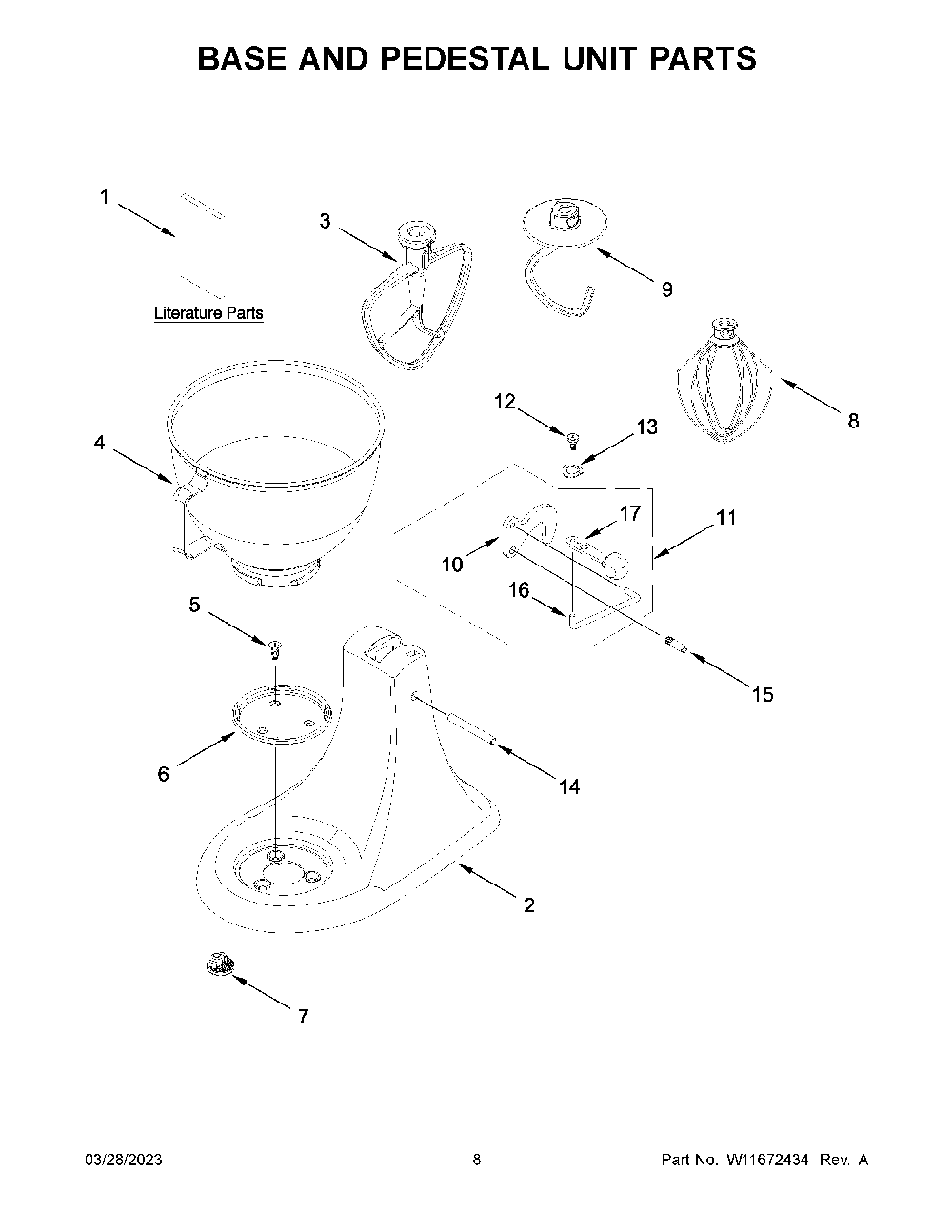 Base And Pedestal Unit Parts Diagram and Parts List for K45SSWH5  KitchenAid Mixer