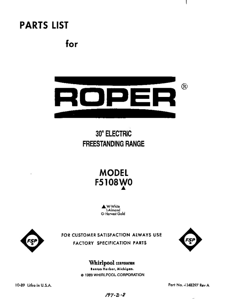 Front Cover Diagram and Parts List for F5108*0  Roper Range
