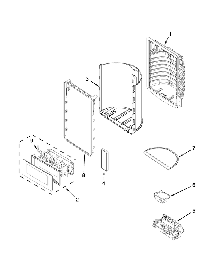 Dispenser Front Parts Diagram and Parts List for WRX988SIBE02  Whirlpool Refrigerator