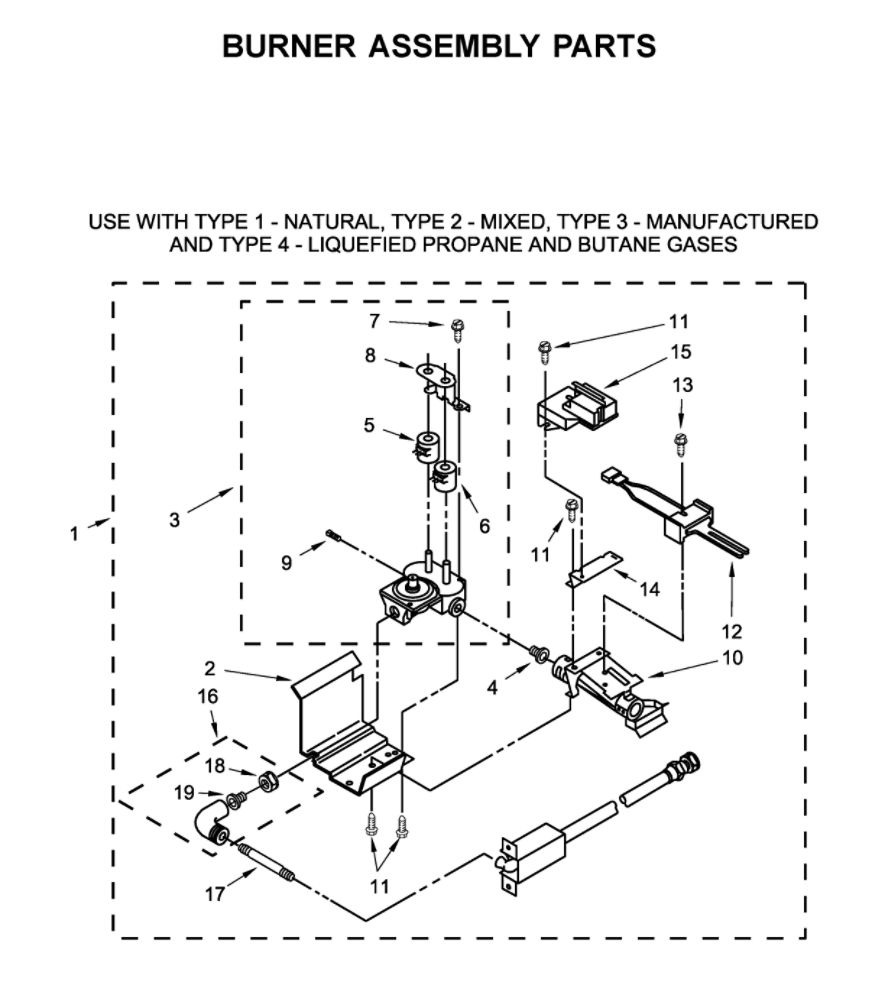 Burner Assembly Diagram and Parts List for WGTLV27HW0  Whirlpool Washer Dryer Combo
