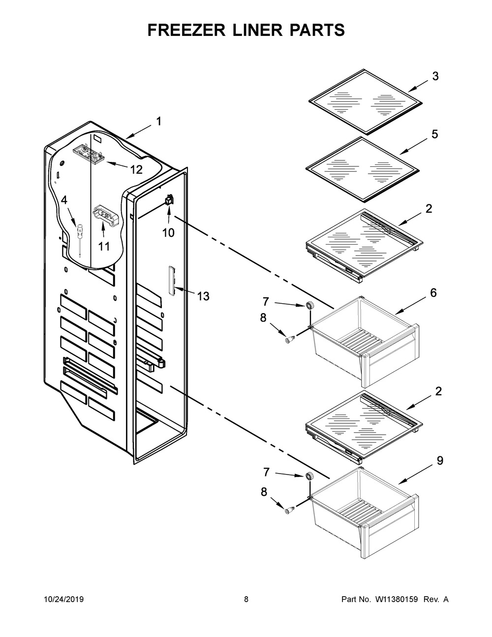Freezer Liner Parts Diagram and Parts List for KRSC700HBS00  Whirlpool Refrigerator