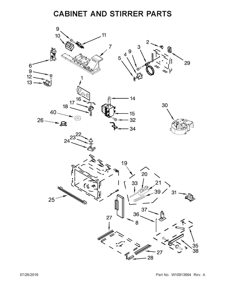 Cabinet And Stirrer Parts Diagram and Parts List for KOCE507EWH05  KitchenAid Microwave