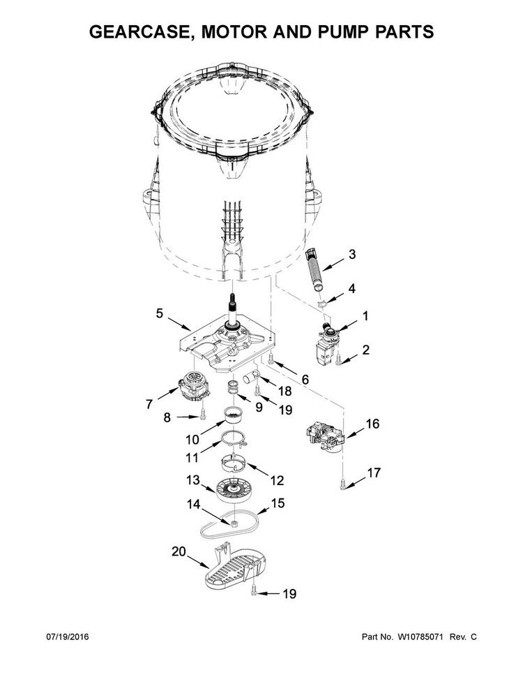 Gearcase, Motor And Pump Parts Diagram and Parts List for ITW4771EW0  Inglis Washer