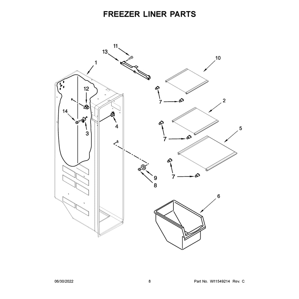 Freezer Liner Parts Diagram and Parts List for WRS321SDHW08  Whirlpool Refrigerator