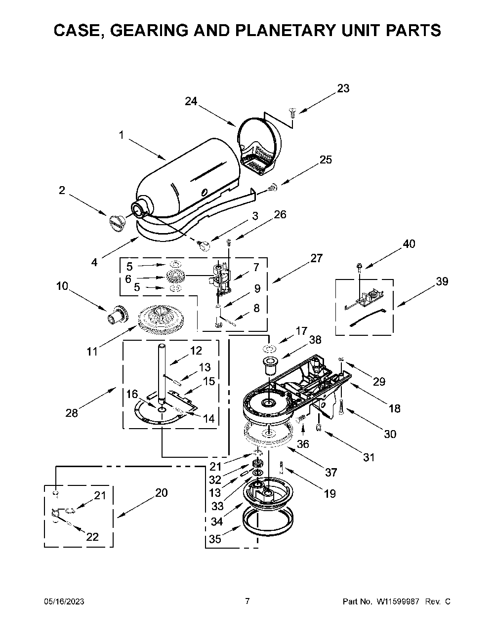 Case, Gearing And Planetary Unit Parts Diagram and Parts List for 5KSM192XDAAC0  KitchenAid Mixer
