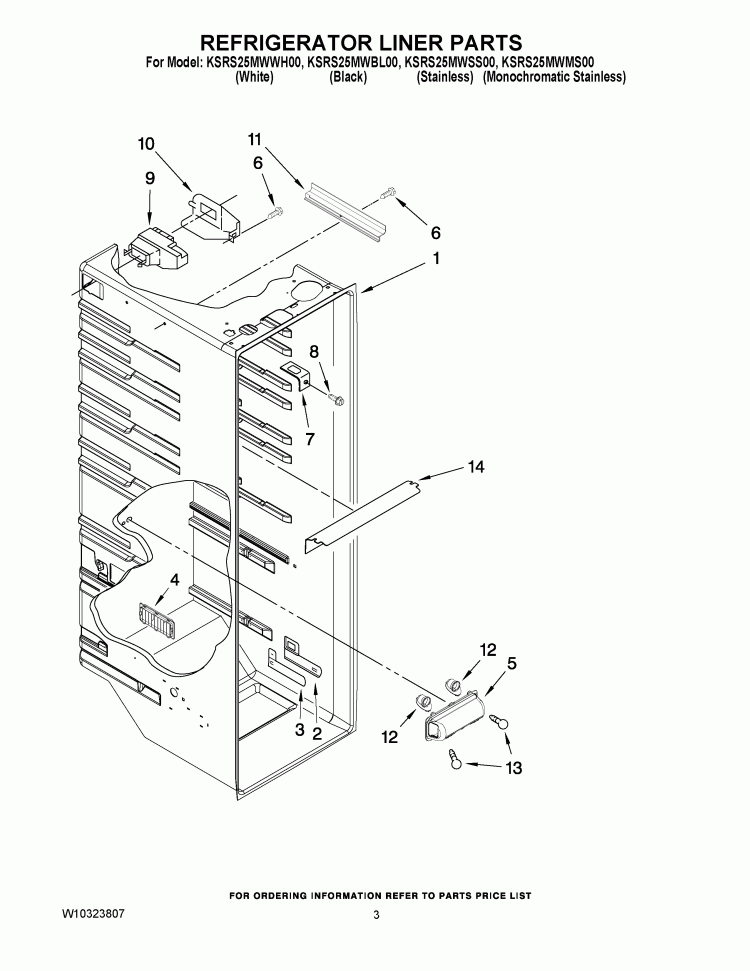 REFRIGERATOR LINER PARTS Diagram and Parts List for KSRS25MWWH00  KitchenAid Refrigerator