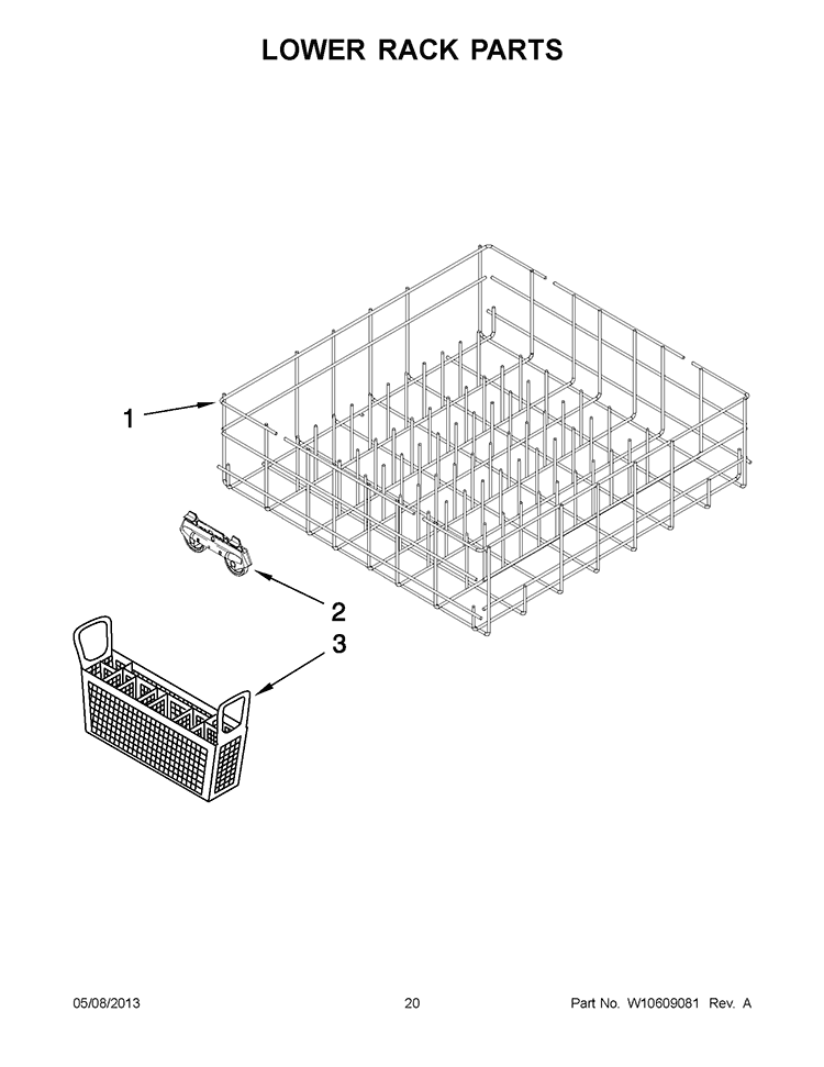 LOWER RACK PARTS Diagram and Parts List for WDP350PAAW2  Whirlpool Dishwasher