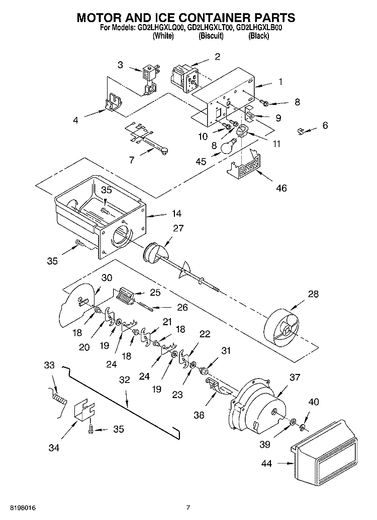 MOTOR AND ICE CONTAINER Diagram and Parts List for GD2LHGXLT00  Whirlpool Refrigerator