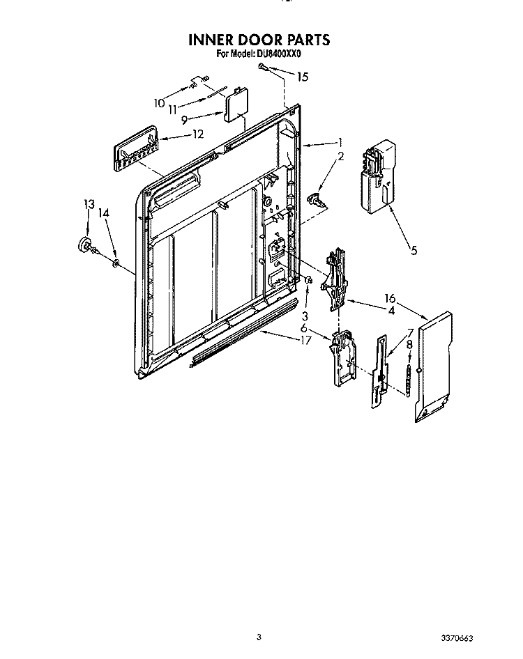 INNER DOOR Diagram and Parts List for DU8400XX0  Whirlpool Dishwasher