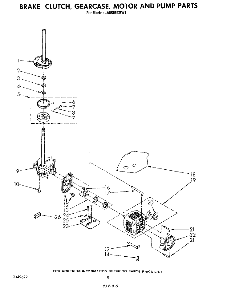 BRAKE, CLUTCH, GEARCASE, MOTOR AND PUMP Diagram and Parts List for LA5668XSW1  Whirlpool Washer