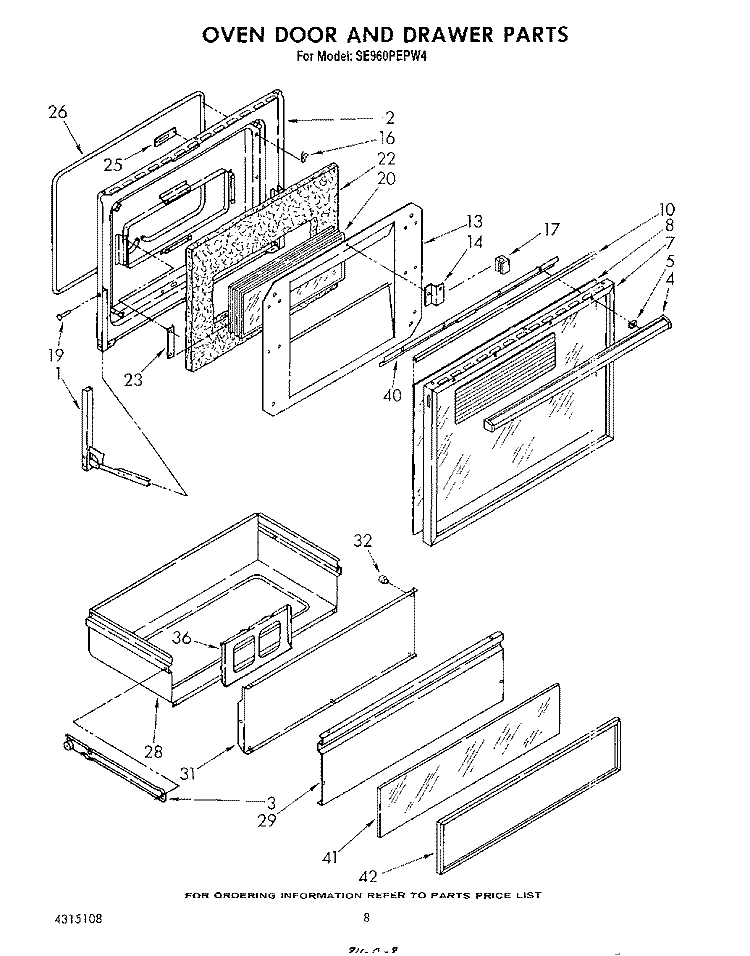 OVEN DOOR AND DRAWER Diagram and Parts List for SE960PEPW4  Whirlpool Range