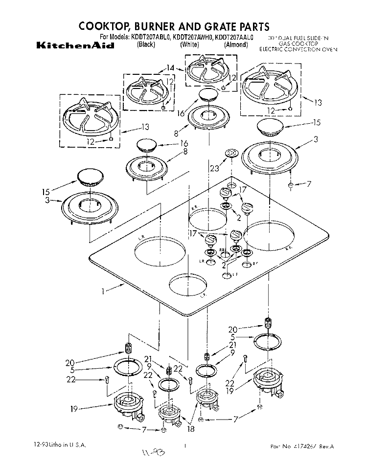 COOKTOP, BURNER AND GRATE Diagram and Parts List for KDDT207AAL0  KitchenAid Range