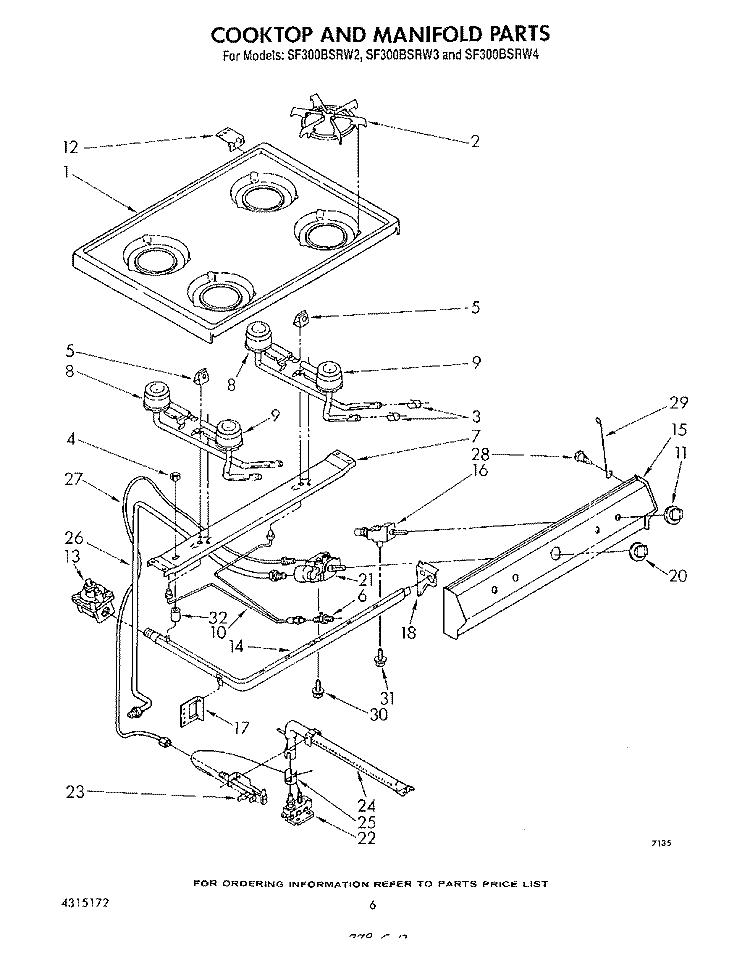 COOK TOP AND MANIFOLD , LITERATURE Diagram and Parts List for SF300BSRW2  Whirlpool Range