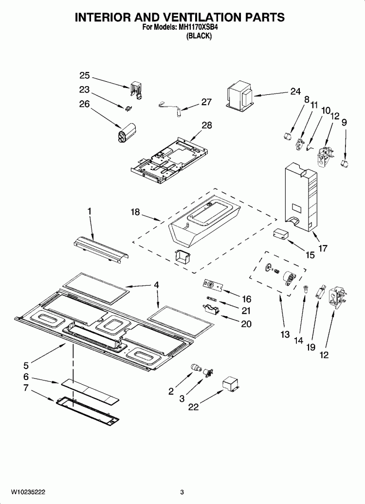 INTERIOR AND VENTILATION PARTS Diagram and Parts List for MH1170XSB4  Whirlpool Microwave