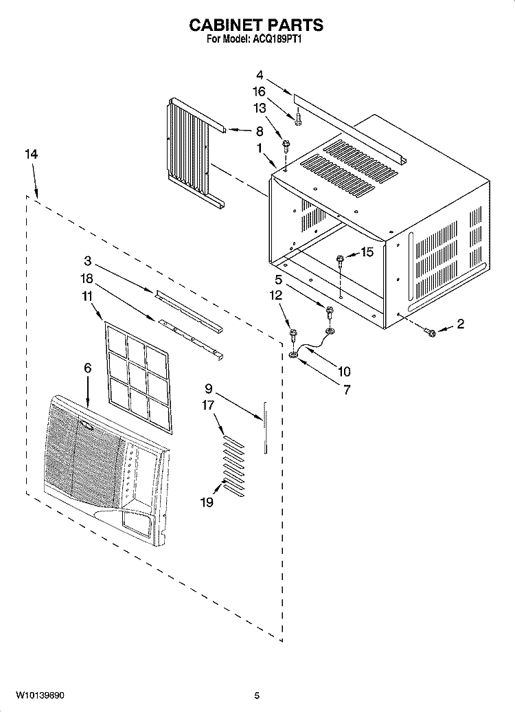 CABINET PARTS Diagram and Parts List for ACQ189PT1  Whirlpool Air Conditioner