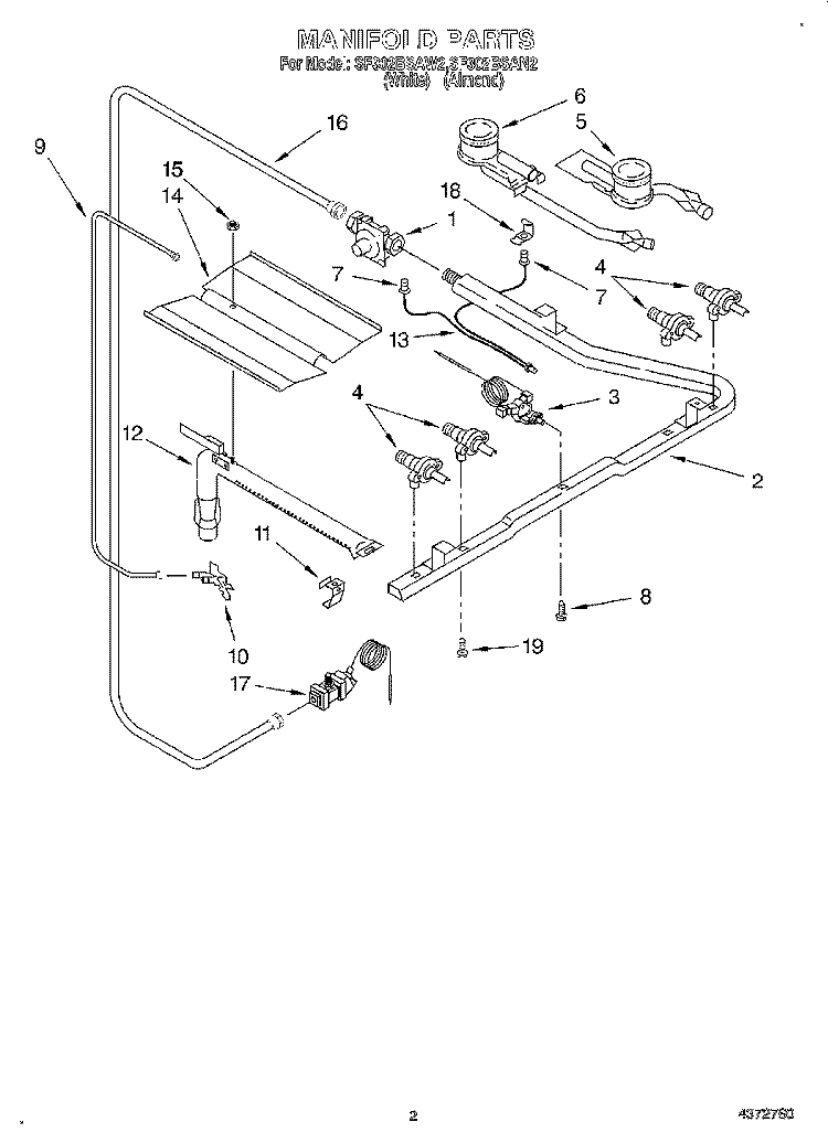 MANIFOLD Diagram and Parts List for SF302BSAN2  Whirlpool Range