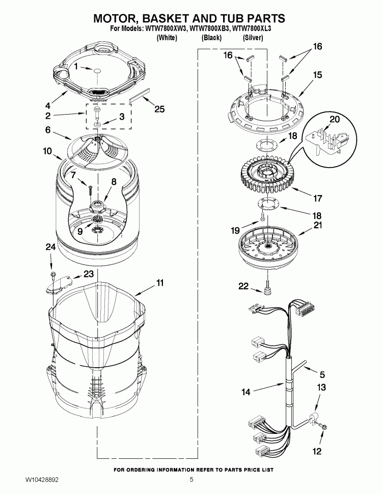 MOTOR, BASKET AND TUB PARTS Diagram and Parts List for WTW7800XB3  Whirlpool Washer