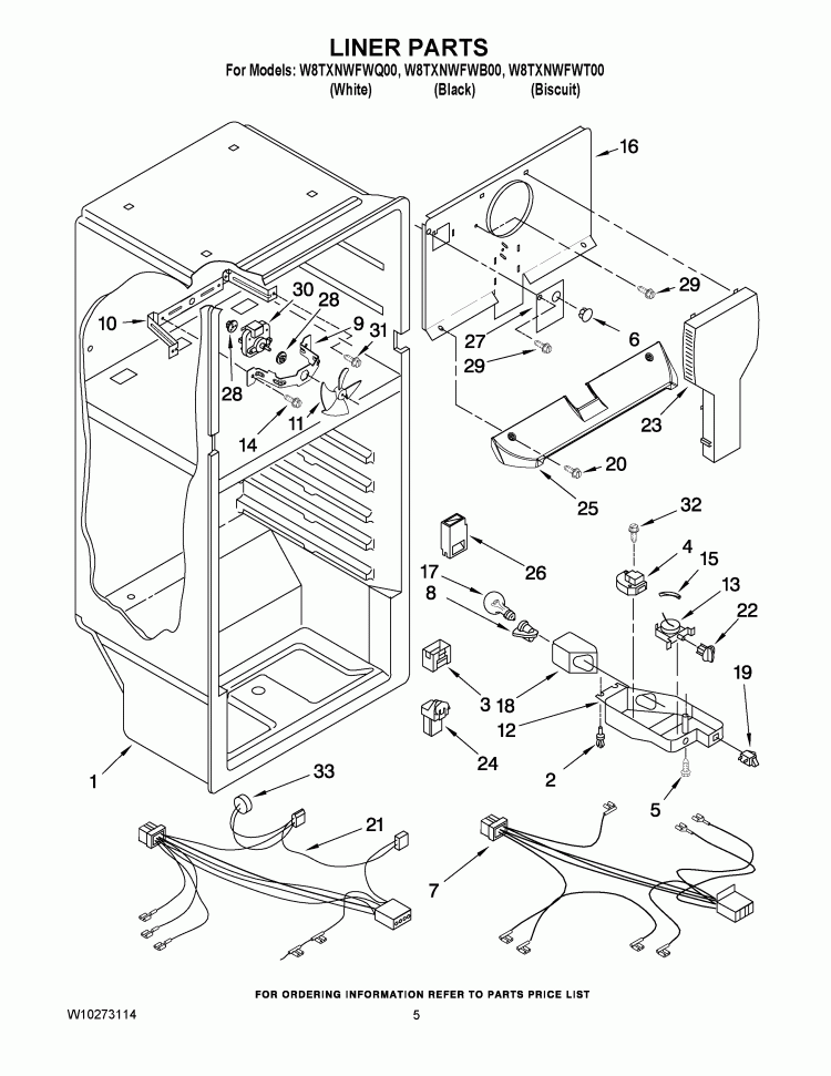 LINER PARTS Diagram and Parts List for W8TXNWFWB00  Whirlpool Refrigerator